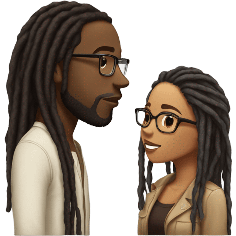 black couple with locs, male lightskin with long black locs, female brown skin with glasses and brown locs tied up kissing emoji