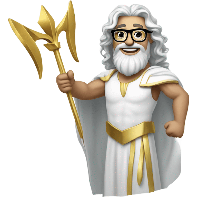 white Poseidon with gold Trident and nerd glasses. long hair white dress. smile . wink. pointing us emoji