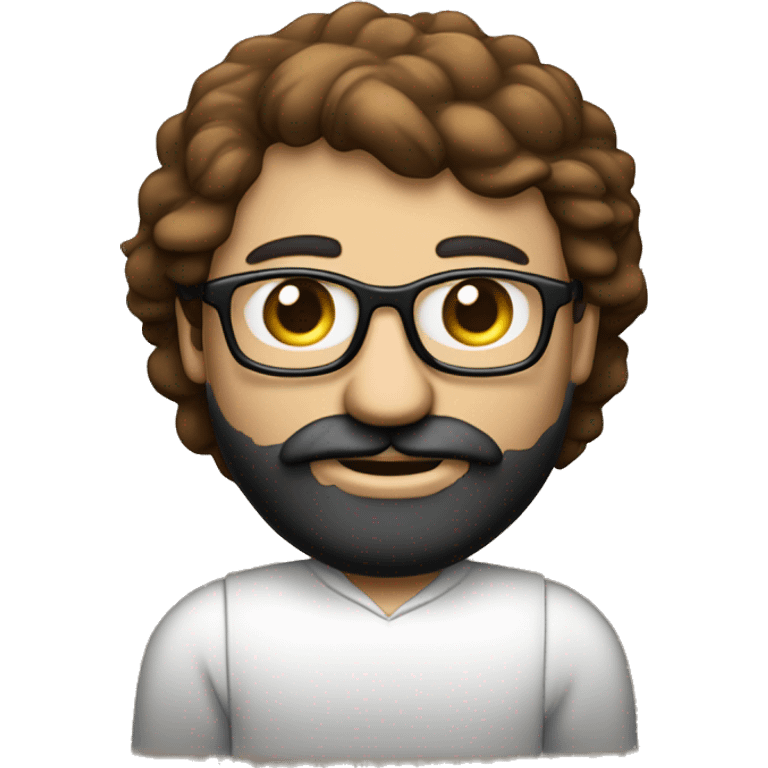 Un homme blanc avec une barbe noir rasé et des cheveux noir très court avec des yeux marron et des lunette fine et ronde qui travail sur un macbook emoji