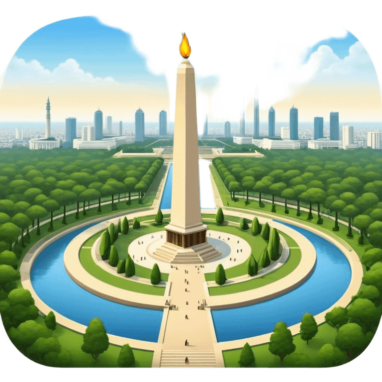 Cinematic Realistic Monas Landmark Emoji, showcasing the National Monument in Jakarta, a towering obelisk with a golden flame, set within a lush park under a clear, radiant sky. emoji