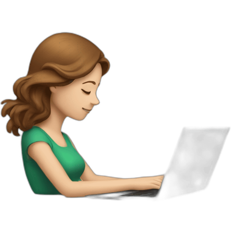 White woman with brown hair resting head on arms looking at a laptop emoji