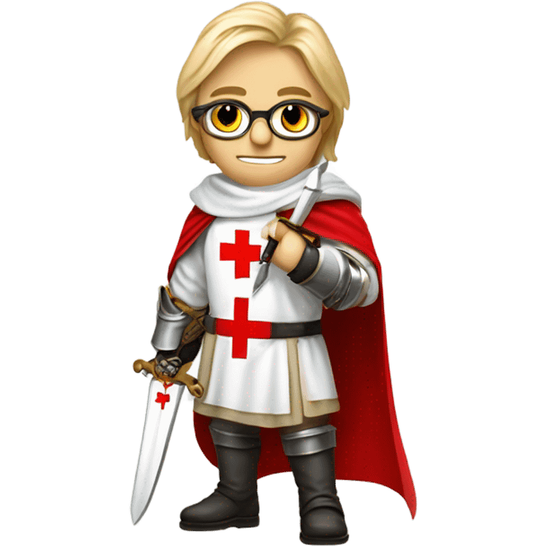 blond haired Masonic knight Templar wearing glasses and a white tunic with a Red Cross on the front and a white mantle with a hood with a Red Cross on the left side and a male face  and holding a sword. emoji