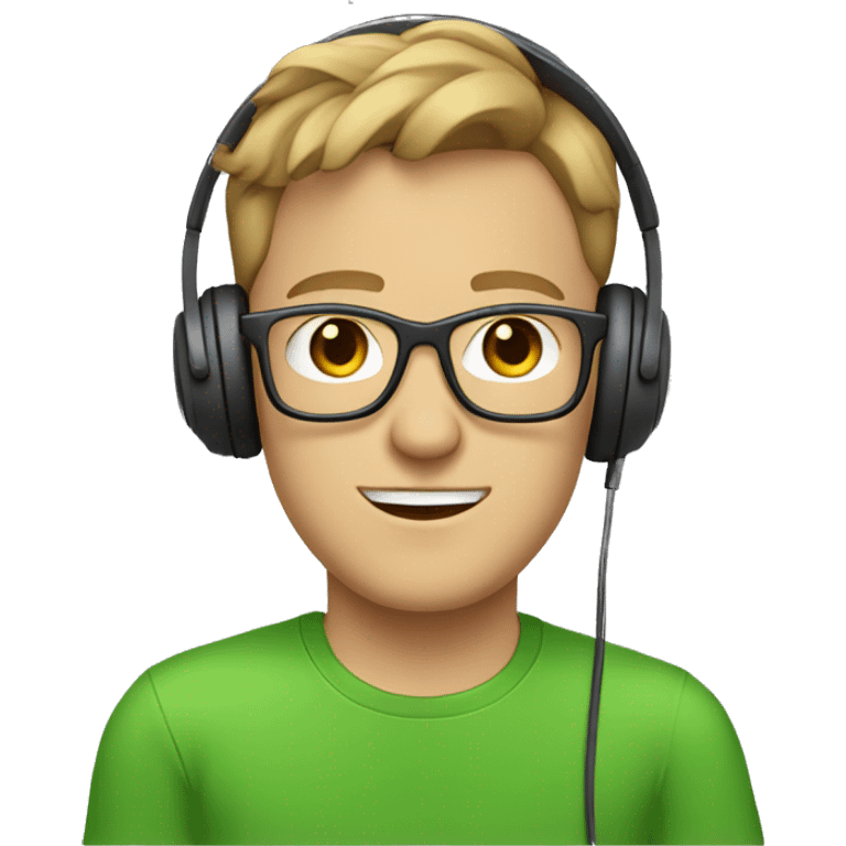 white guy with light brown hair square glasses blue eyes wearing green t-shirt with laptop and headphones emoji