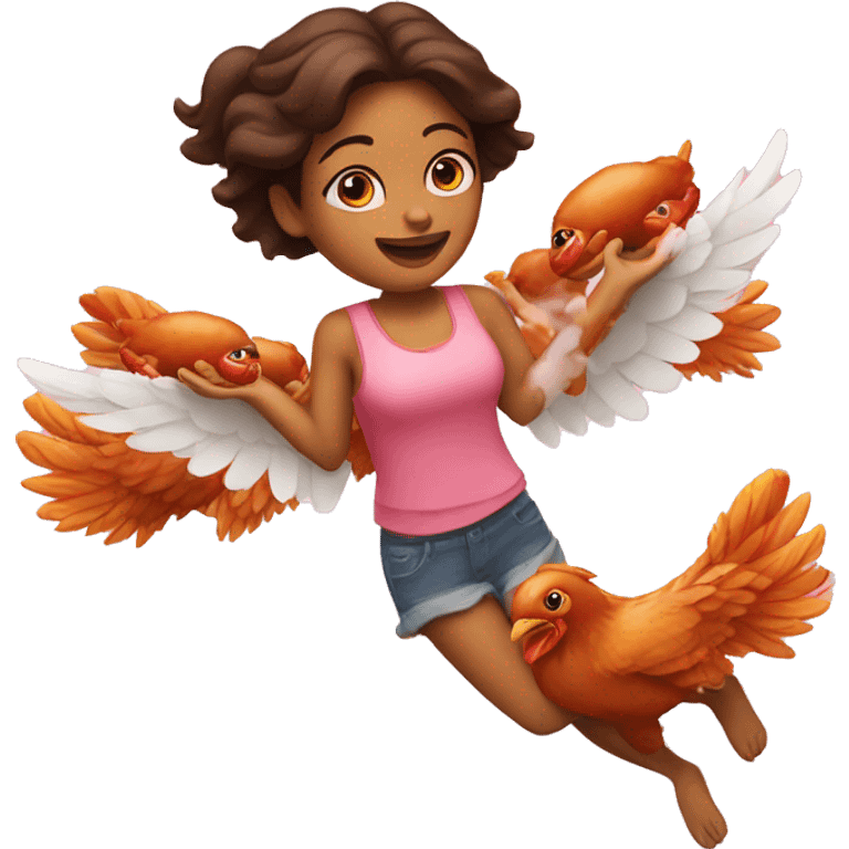 a girl flying with two bbq chicken wings on her back emoji