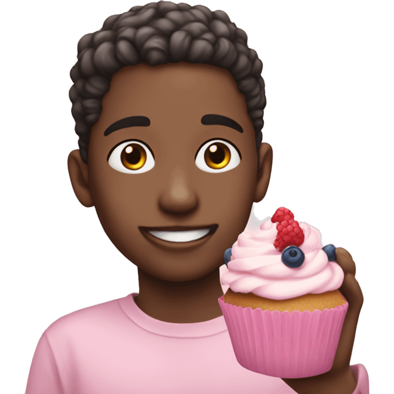 White skinned-Boy eating pastel pink cupcake with berries emoji