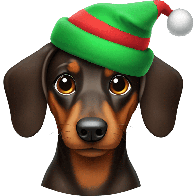 Dark brown daschund with Christmas hat emoji