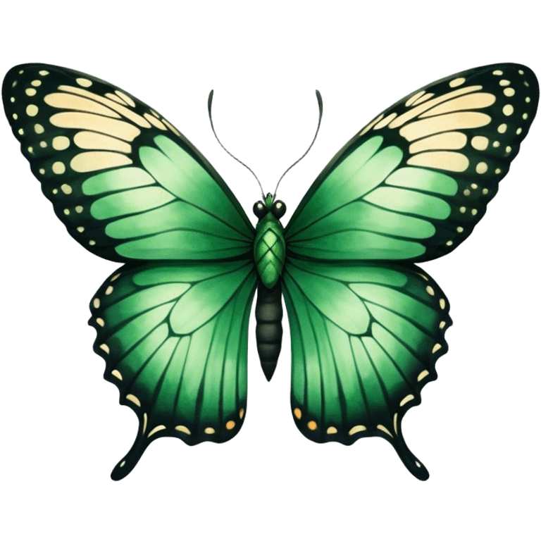 A majestic emerald-green butterfly with wide, intricately detailed wings, painted in a soft watercolor style. The edges of the wings fade into deep black, creating a striking contrast against a warm beige background.
 emoji