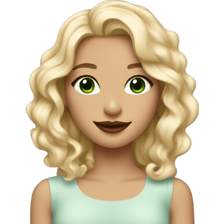 a blonde girl with greenish blueish eyes wavy hair smiling with nude red lips emoji