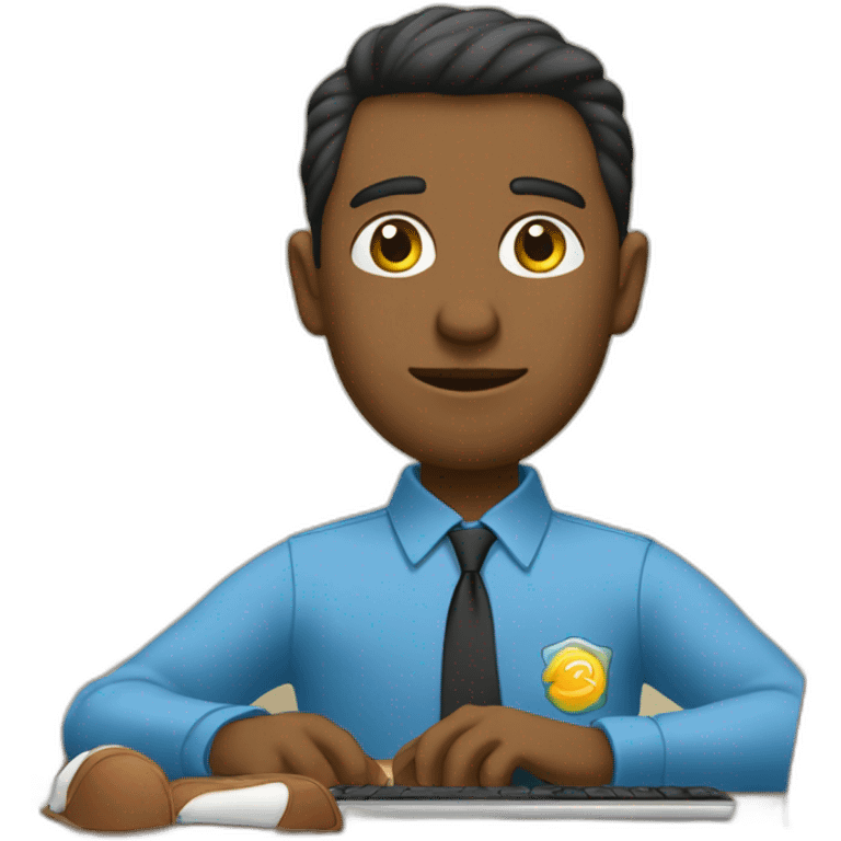 Un chico sentado en un escritorio junto a una PC  emoji