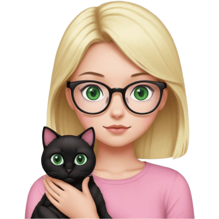 blonde girl with glasses wearing pink with green eyes holding a black cat  emoji