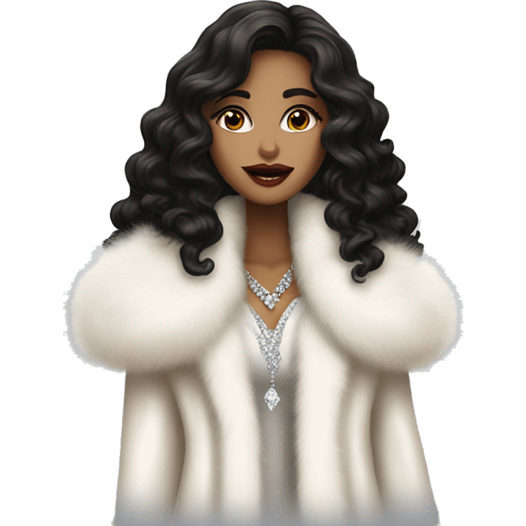 pretty elegant light brown woman with diamonds long black curly hair  and white fur coat and big lips emoji