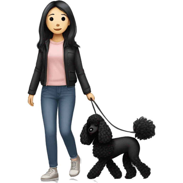 One Korean girl with black long straight hair with one medium black poodle is walking. emoji