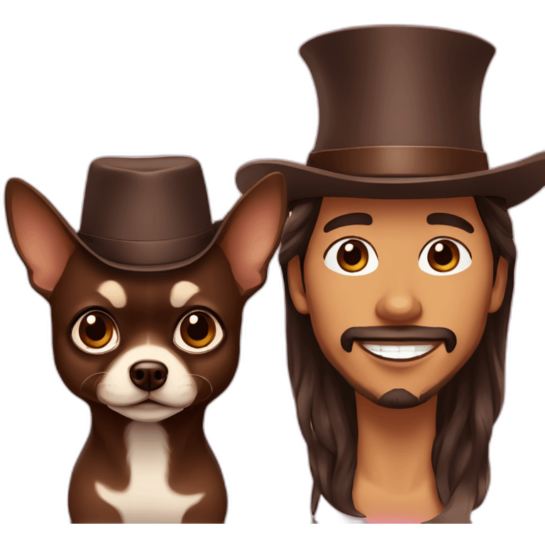 Latino man with stubble beard, lady with flat brim hat and chocolate long-haired chihuahua emoji