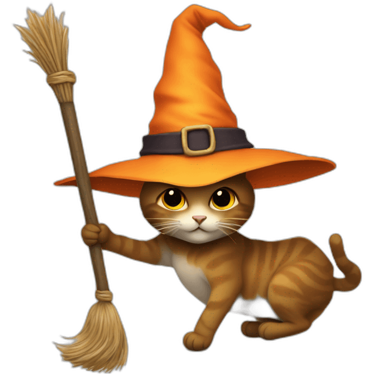 cat with witch hat on a broomstick celebrating emoji