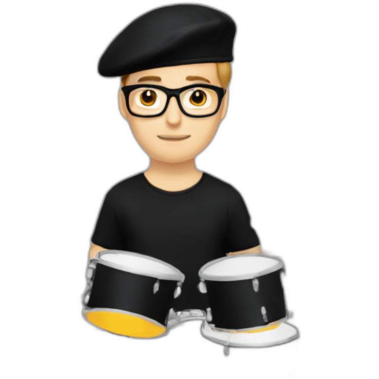 male drummer, caucasian, with a black beret, glasses, and black t-shirt emoji