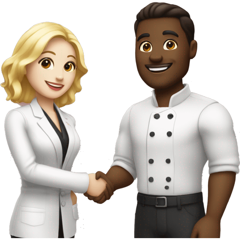 restaurant owner with white skin, and blogger with white skin, shaking hands in great detail emoji