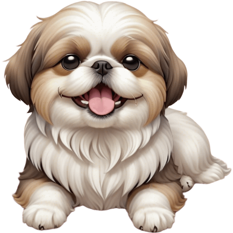 Cinematic Cute Yawning Shih Tzu Portrait Emoji, Head gently tilted with an irresistibly cute yawn and sleepy, half-closed eyes, showcasing a luxurious, fluffy fur in gentle pastel tones, simplified yet endearingly detailed, glowing with a soft, drowsy radiance, high shine, exuding tender, sleepy charm, styled with a delicate, soft glowing outline, capturing the essence of a Shih Tzu caught in a moment of adorable, sleepy bliss! emoji