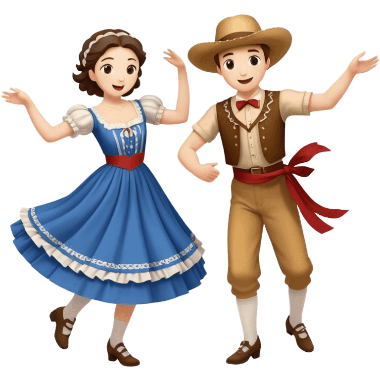 Cinematic Realistic scene of two square dancers in traditional American folk costumes, captured in joyful, coordinated motion with vibrant, rustic lighting that highlights their cultural heritage emoji