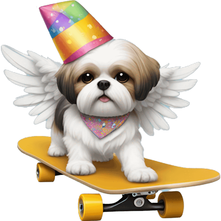 shih zu dog on skateboard with wings and birthday hat emoji