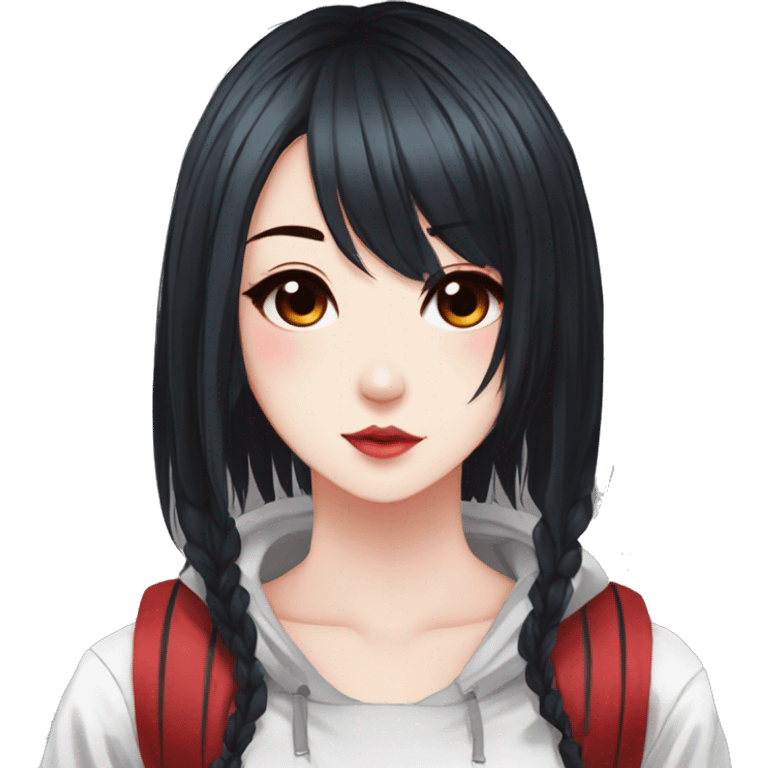 Gorgeous anime style lady with blushing face aesthetic and pretty edgy black red punk hair with hair garment trending style emoji