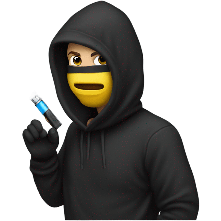 a guy in a black hoodie wearing a balacalava and hitting a vape emoji