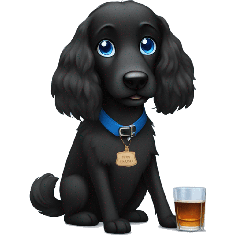 Long haired black dog with blue eyes sipping whiskey at a party emoji