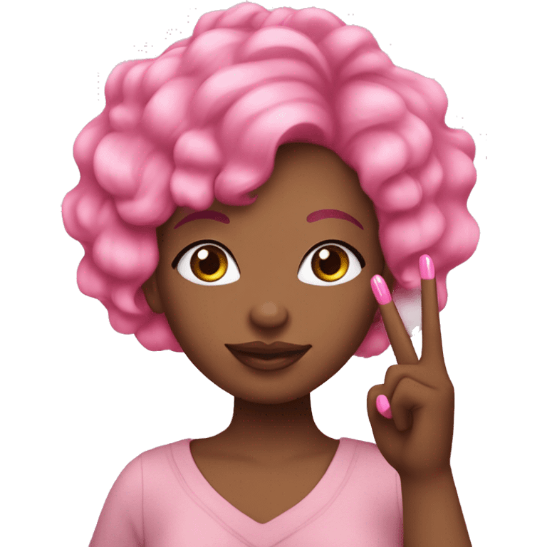 Pink haired African American woman  putting up peace sign with pink nails emoji