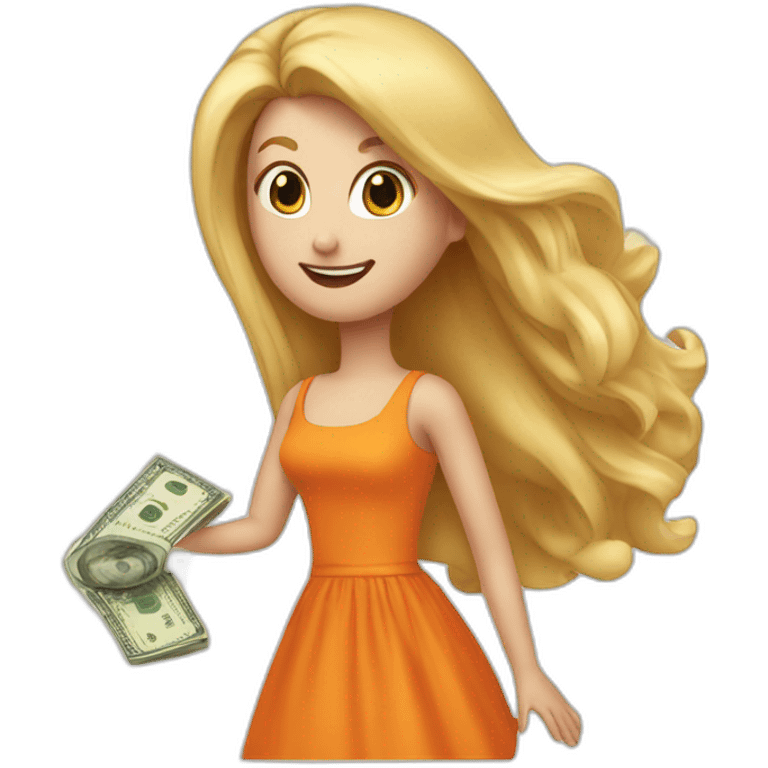 a man gives money to a girl in an orange dress with long blond hair emoji