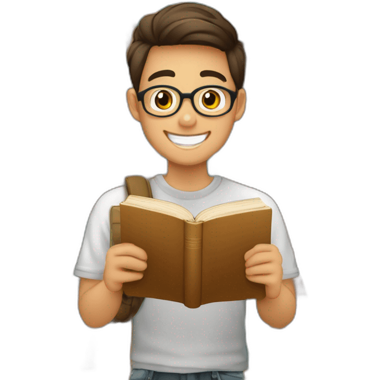 joven estudiante con todos sus libros que son muchos, de piel blanca muy feliz y sonriente con un libro en sus manos y sobre su cabeza emoji