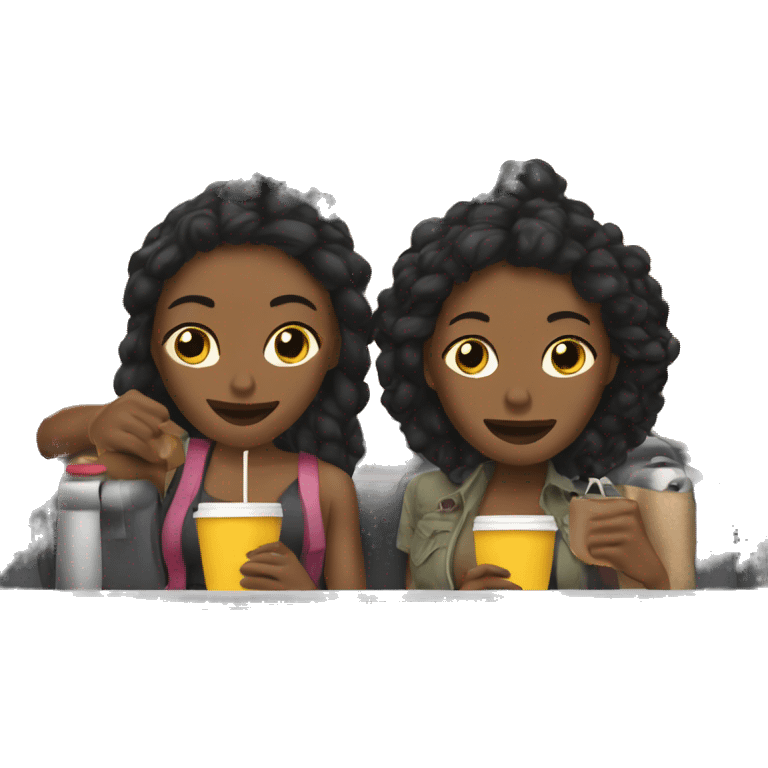 two black girlfriends on a road trip one drinking coffee emoji