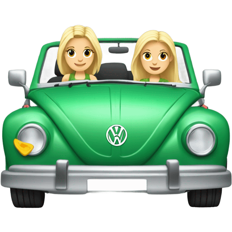 Two Caucasian blonde girls and two Caucasian brunette girls driving a green volkswagen convertible emoji