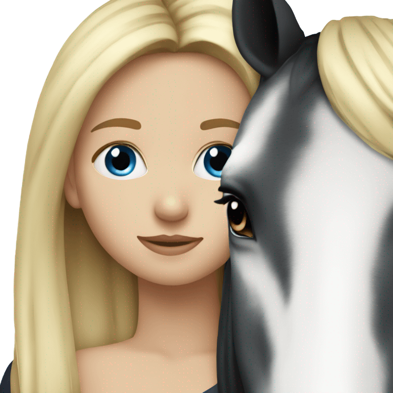 blonde girl with blue eyes hugging a black and white horse emoji