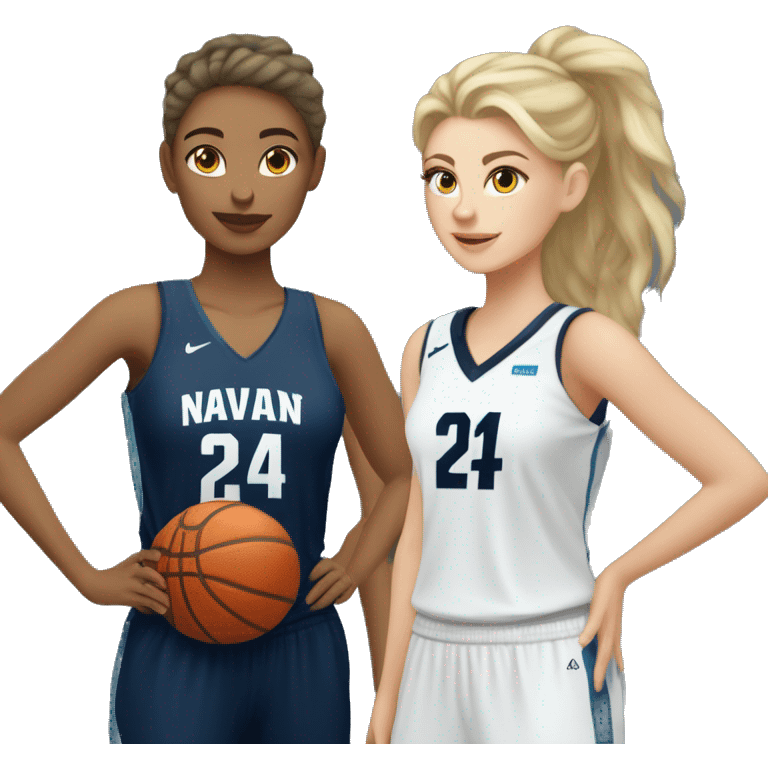 Basketball beautiful white female player from the back with navy blue jersey that has the number 24 holding a basketball on the side emoji