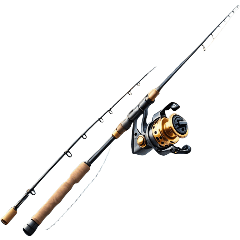 Cinematic Realistic Fishing Rod, sleek graphite rod with a smooth, polished reel, thin line disappearing into a shimmering lake, warm golden sunlight reflecting off the water, glowing with a tranquil and adventurous aura. emoji