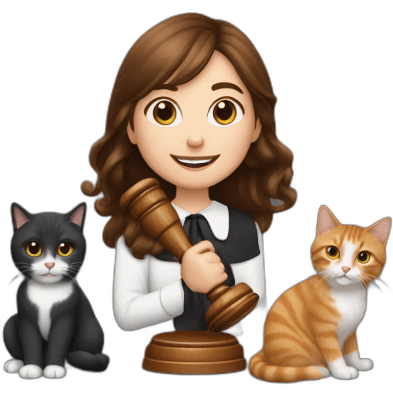 a young girl with brown hair grabbing a Gavel like a judge, and with two cats behind her, one cat black and the other cat snowshoe emoji