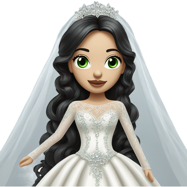 Hyper Realistic ornate ballgown long sleeve Wedding dress with diamanté on Russian bride with pale skin and green eyes and long black hair with veil and diamond jewelry hyper realistic  emoji