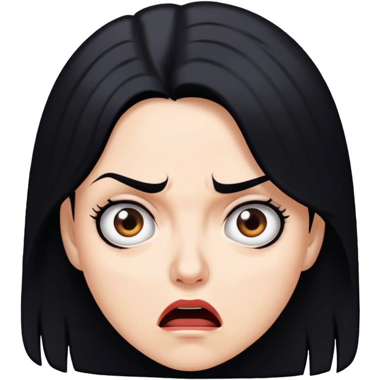 white woman black hair with face of shock, fear, and a raised eyebrow emoji