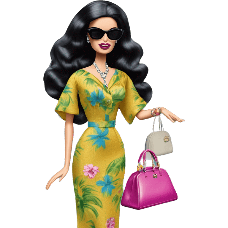 1960’s Palm Beach Breeze Barbie, teen Morticia Addams ,by the pool, white skin, full body visible, wavy hair,handbag, aloof,eyeshadow,earrings,open flowing floral caftan,small 2 piece, sunglasses on top of head, heels,walking Miss Thang emoji