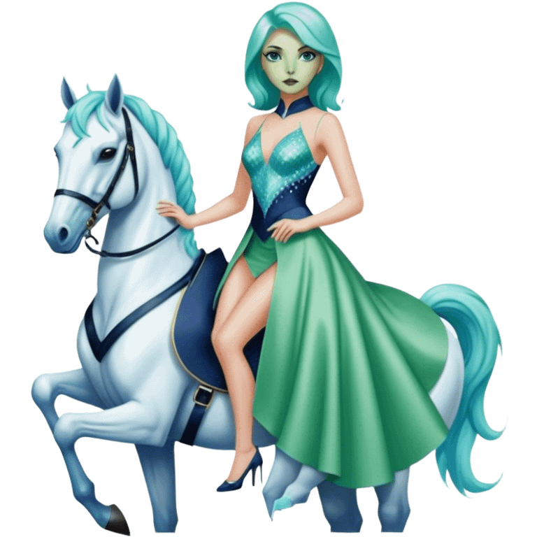 alien reptilian green skin woman, in short slim pastel blue formal party satin dress with gradient shiny sparkling navy blue diamonds embroidered , ride a White horse emoji