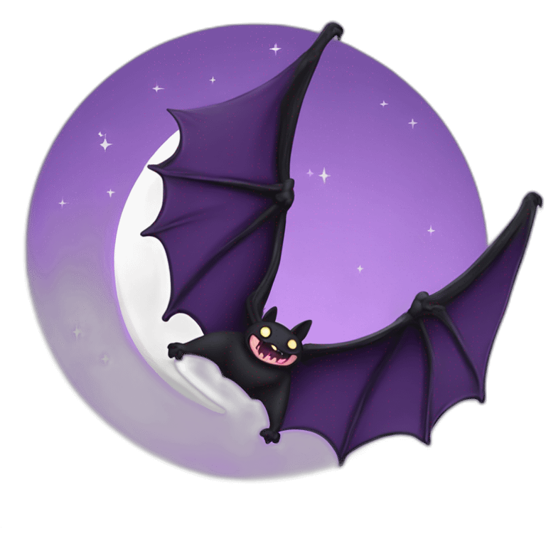 purple black vampire bat wings flying in front of large dripping crescent moon emoji