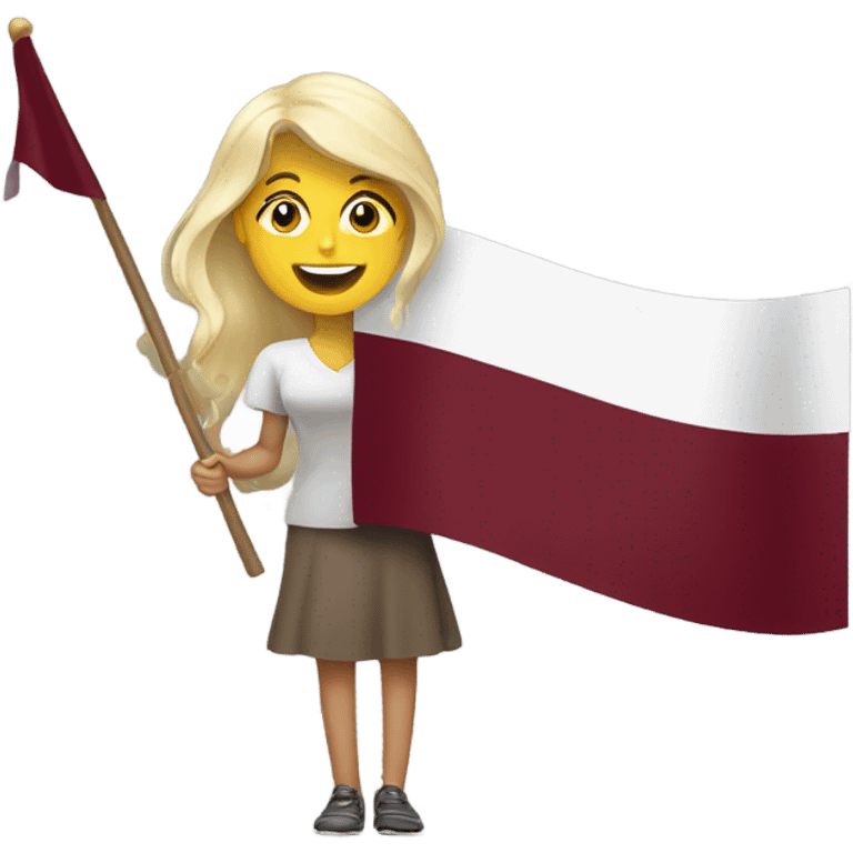 Happy blonde woman with a flag of Latvia in hands emoji