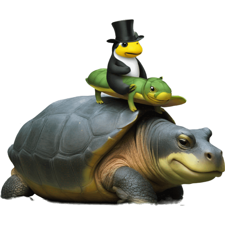 À turtle riding a hippo with a hat behind a peinguin emoji