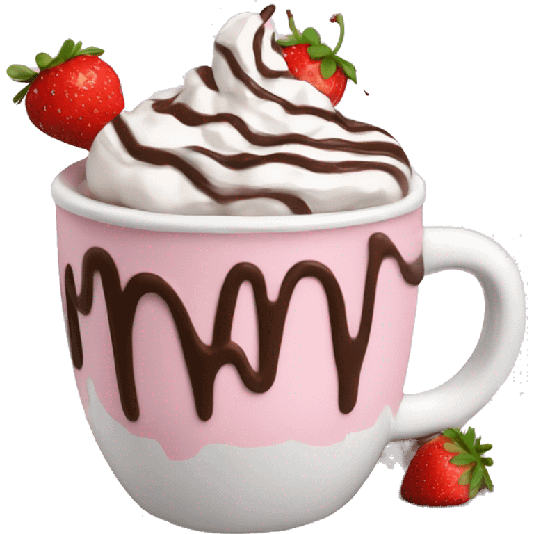 hot chocolate with mug and whip cream and chocolate drizzle and pale pink strawberry emoji