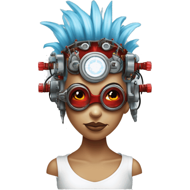 Light blue Mohawk hair female cyborg head with red steampunk goggles and circuits emoji