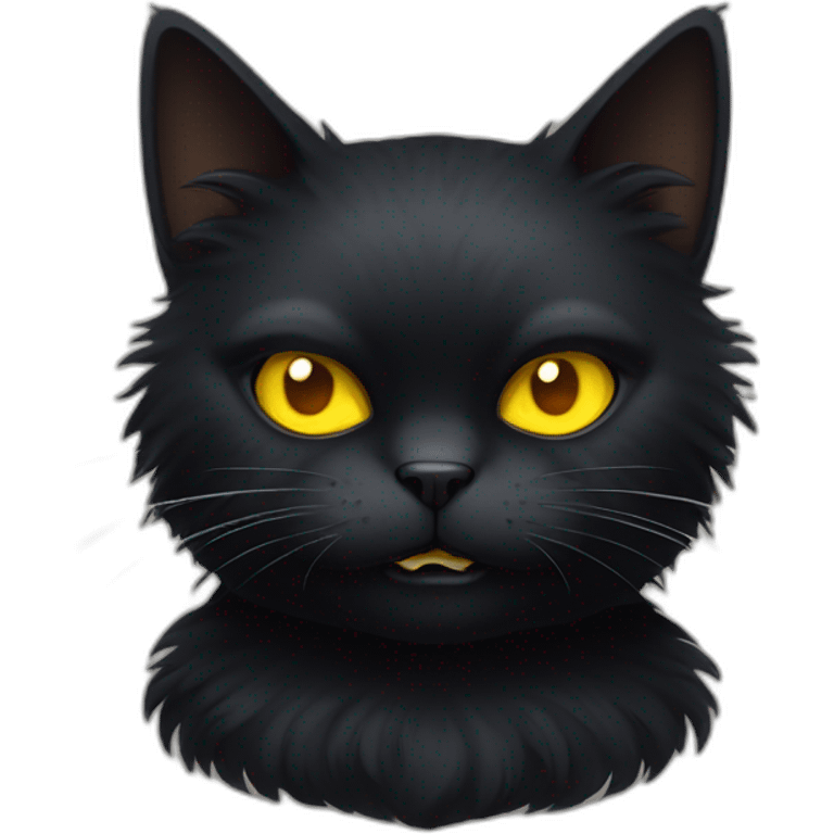 fluffy black cat with yellow eyes and angry face emoji