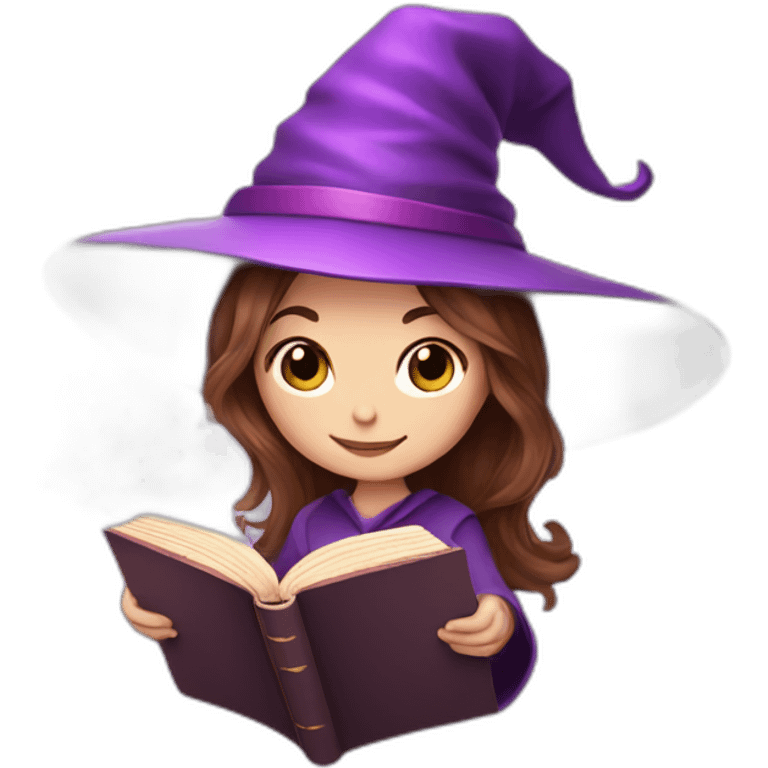 Cute witch with brown hair and purple unicorn reading a magic book emoji