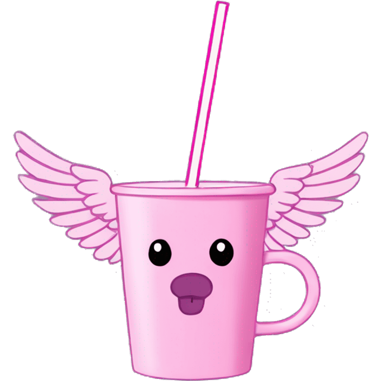 Pink cup with a bear with wings in the middle with a straw Tumblr cup with handle emoji