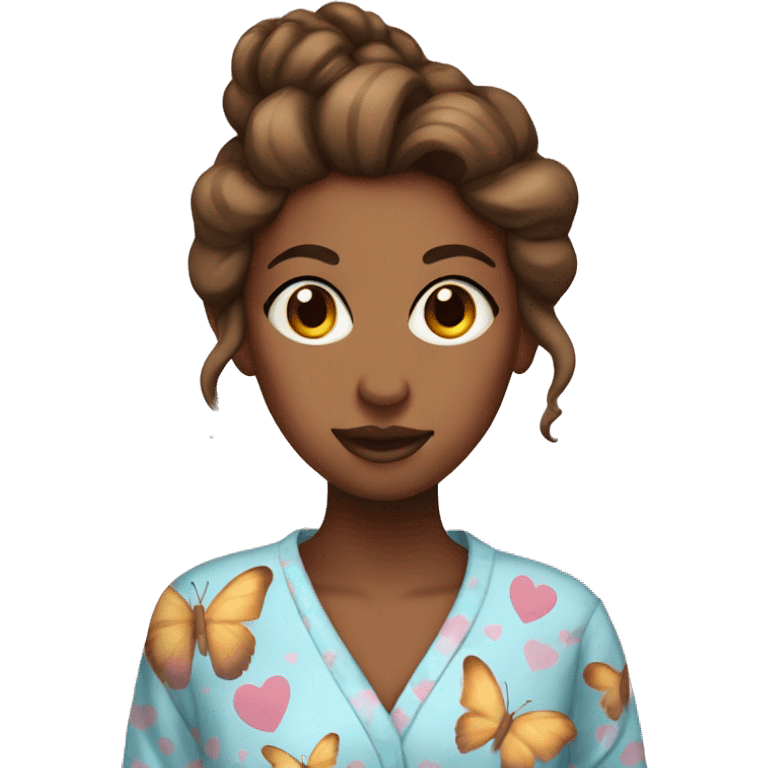 Brown female with messy hair in a bun wearing a pajama dress with a butterfly heart on it  emoji