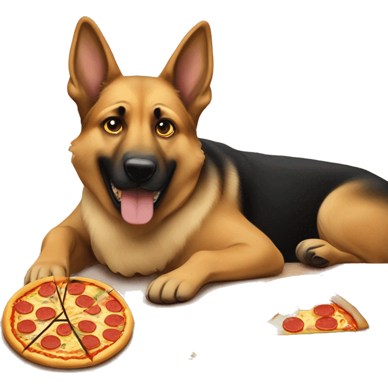 german sheperd eating pizza on a table  emoji