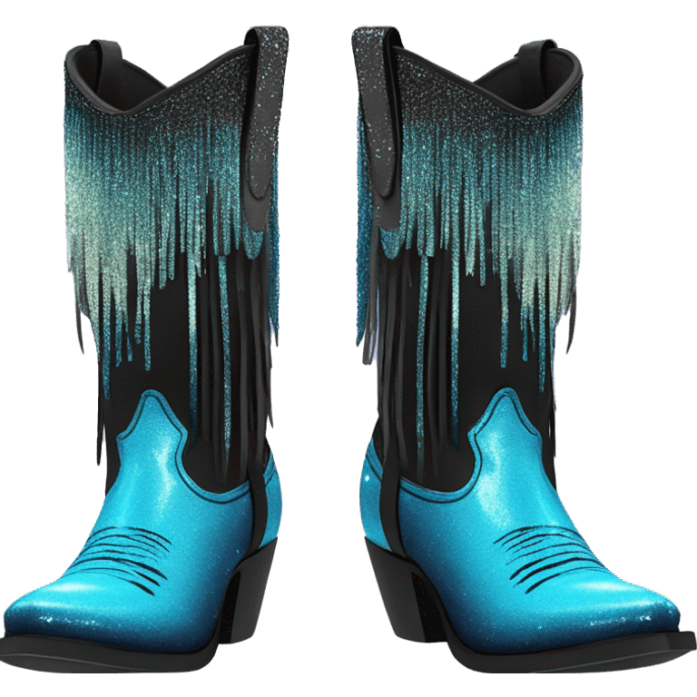 Realistic neon blue to black ombre pair of fashion cowgirl boots with sparkly shiny glitter fringe on them. emoji